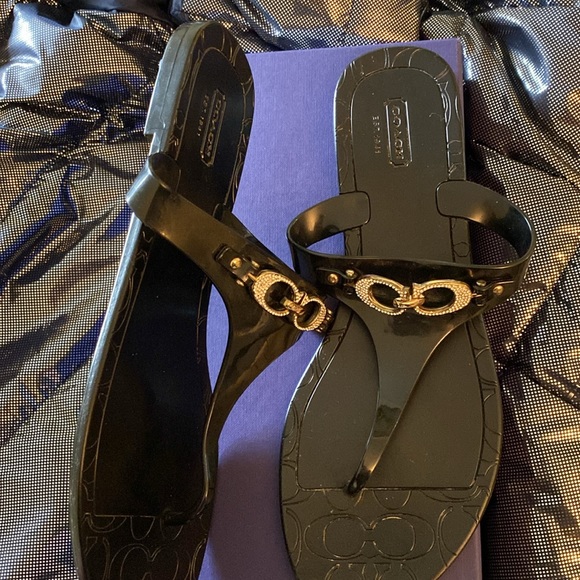 Coach Black Logo Crystal Logo Jelly Flip Flops - Picture 15 of 16